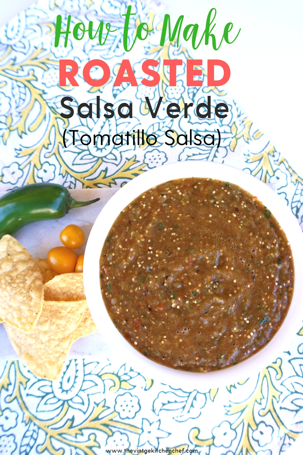 Roasted Salsa Verde is a treat for your tastebuds! It's a little chunky and tangy with just the right amount of spiciness. Enjoy it on tacos or with chips!