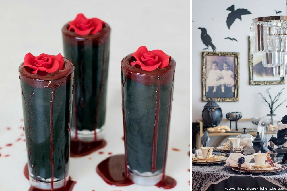 A creepy, decadent and insanely delicious mini dessert! Rich and creamy chocolate mousse with a splash of edible blood on the top...what's not to love?