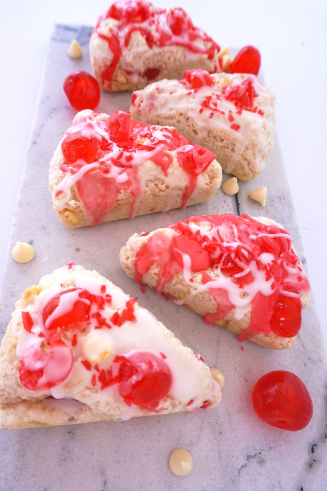 Lovely to look at and even better to eat! These yummy scones have the perfect mix of cherry and white chocolate. Perfect for breakfast, tea time or dessert!