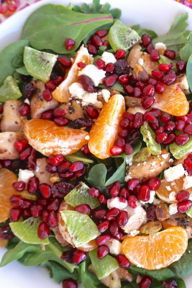 Lots of flavors and vibrant colors make this holiday salad one you'll want to enjoy throughout the year! It's a fresh and healthy main entree salad.
