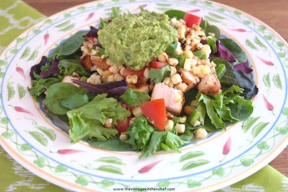 This fresh, easy and flavorful salad has a spicy southwestern flare. Grilled corn, pico de gallo and guacamole make this a healthy meal for lunch or dinner!